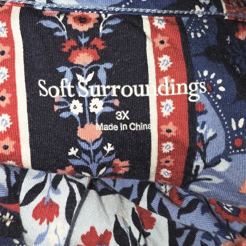 Soft Surroundings Sz 3X Santiago Blue Red Floral Side Pockets Boho Trapeze Dress